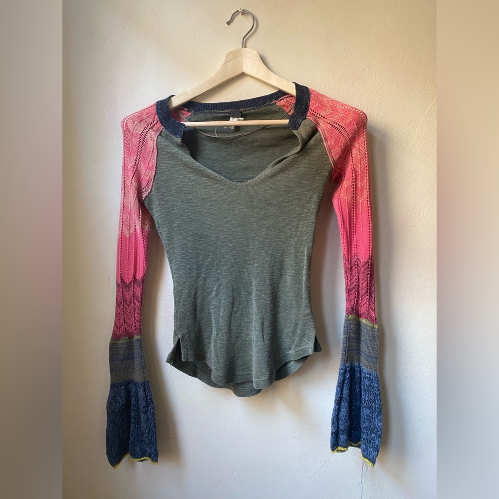 Free People Henley Green Pink Long Sleeve